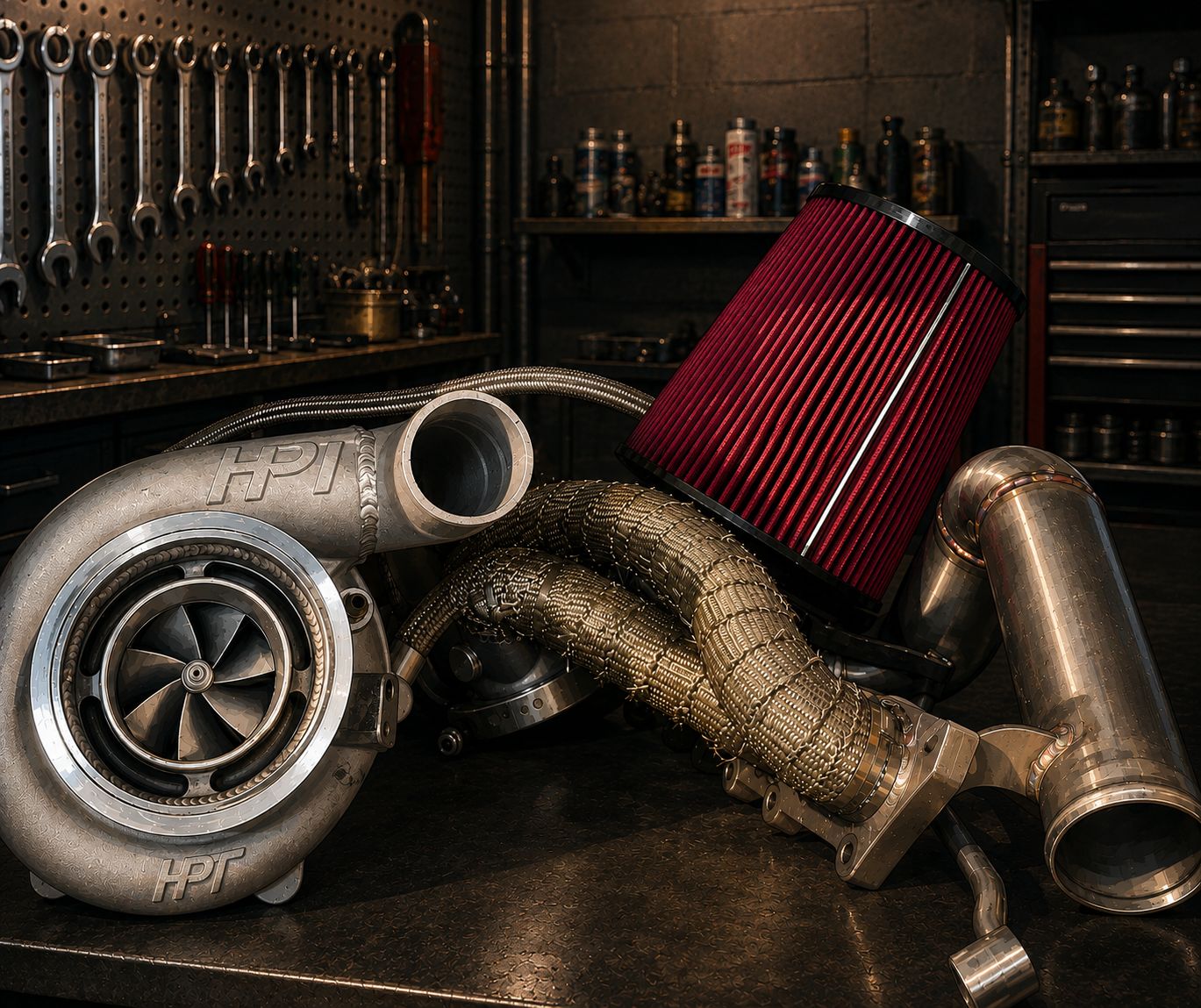 Full frame turbocharger, intake and downpipe on the bench at VAG Torque